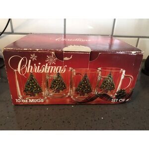 Carlton Glass Christmas Holiday Tree Drinking Glasses Mugs‎ Handles Set Of 4